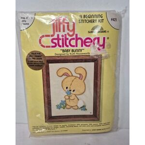 Jiffy Stitchery Beginning Embroidery Kit BABY BUNNY Rabbit with Flower 4" x 5"